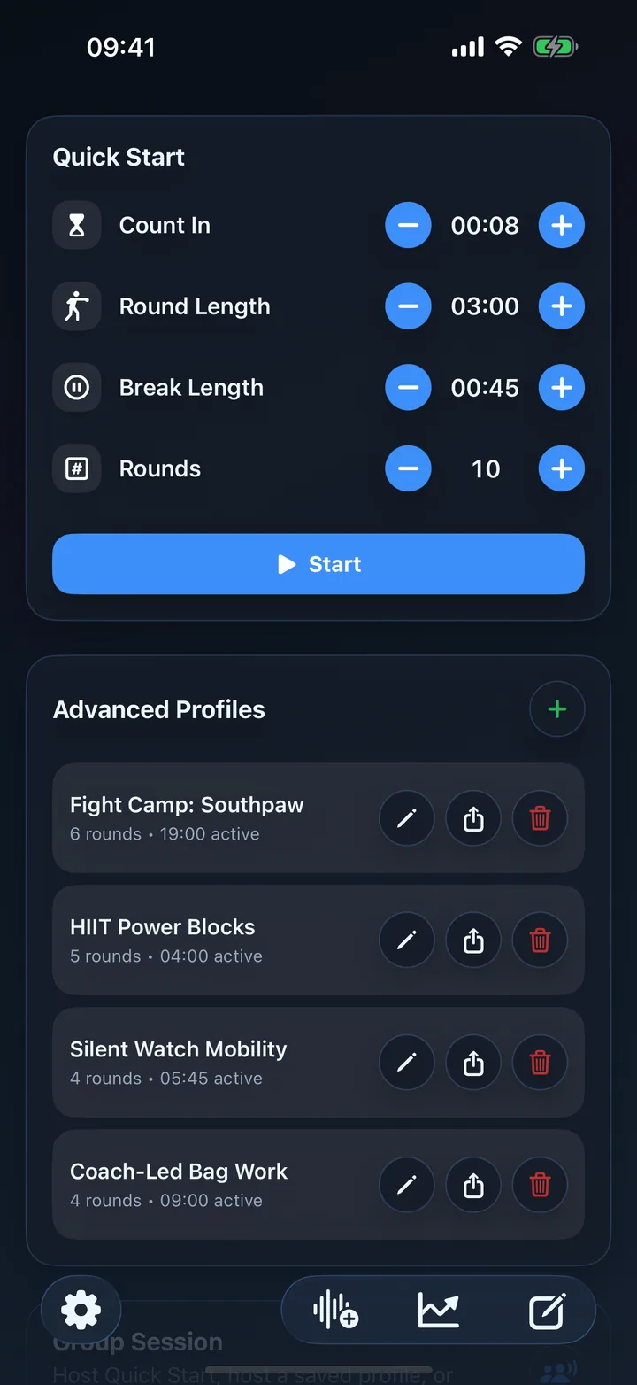 RoundCue home screen with Quick Start controls and saved interval profiles.