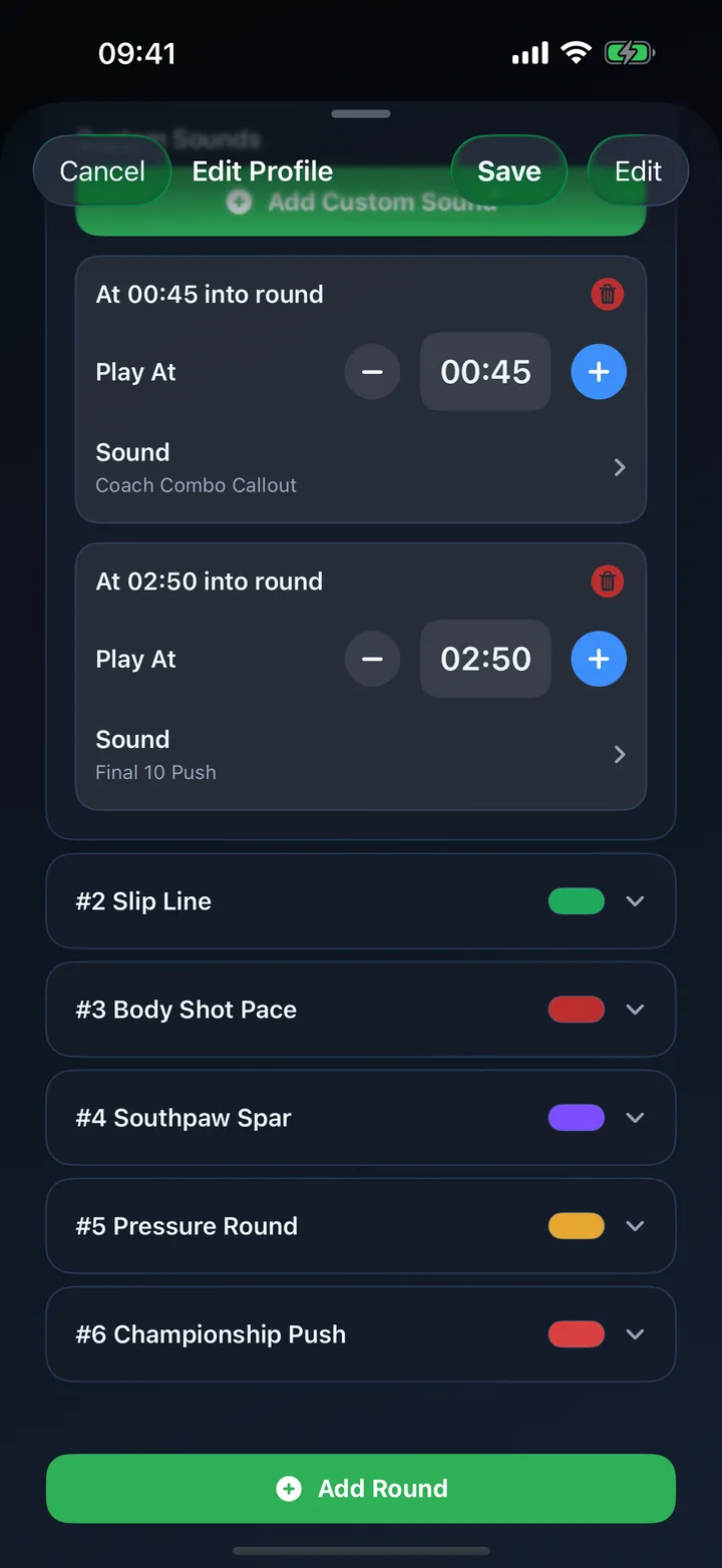 RoundCue profile with custom colors and timed workout audio cues.