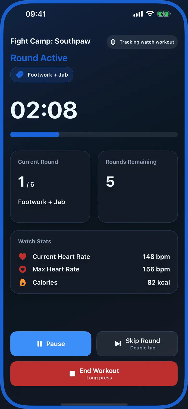Apple Watch workout mirrored live to iPhone in RoundCue.