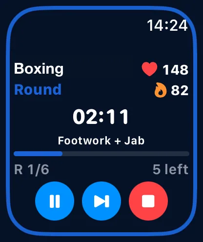 RoundCue active Apple Watch interval workout with heart rate and controls.