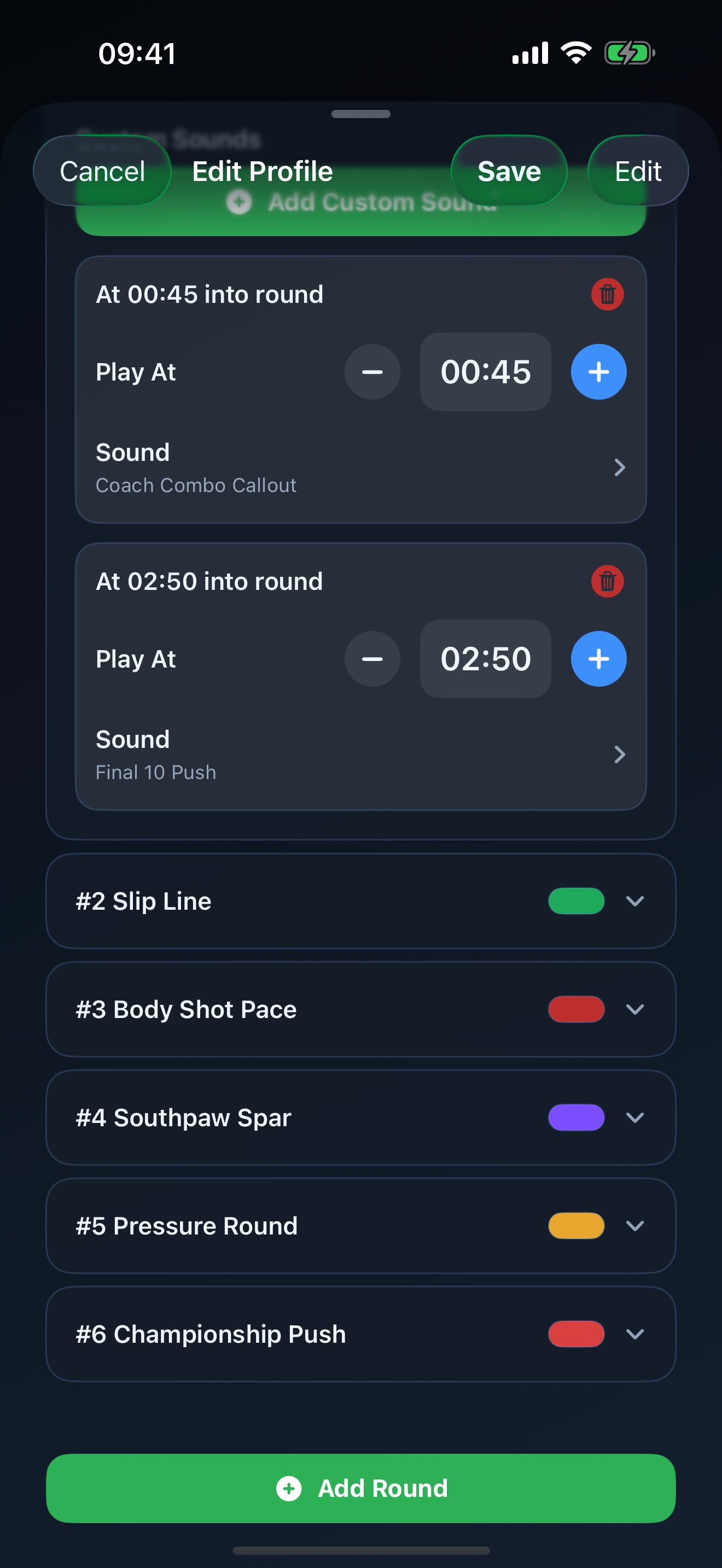 Round editor showing custom sound cues at specific times.