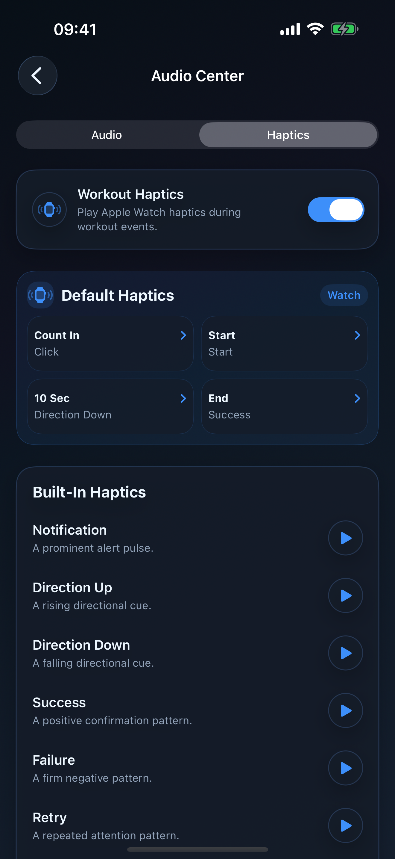 Haptics settings for workout cue patterns.