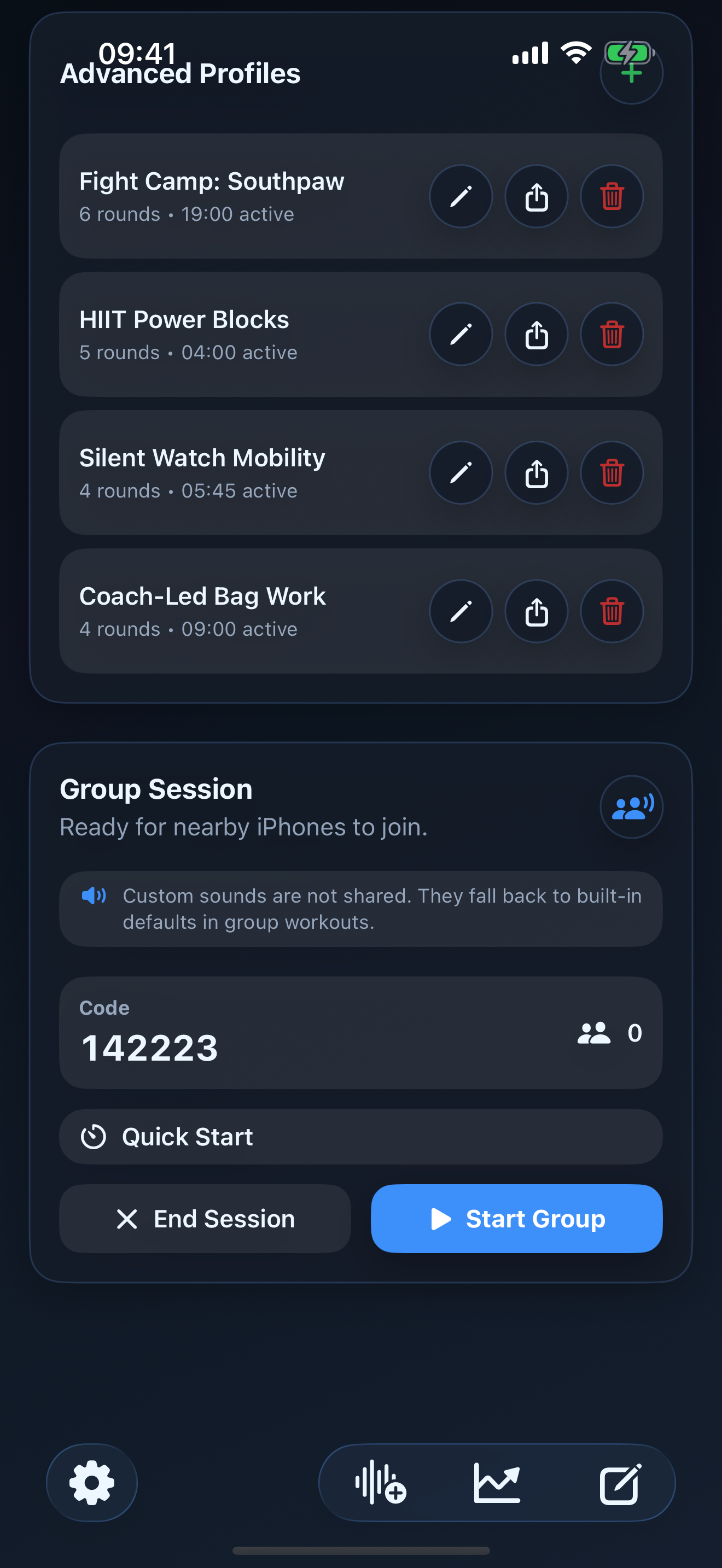 Group session lobby showing a join code and Start Group button.